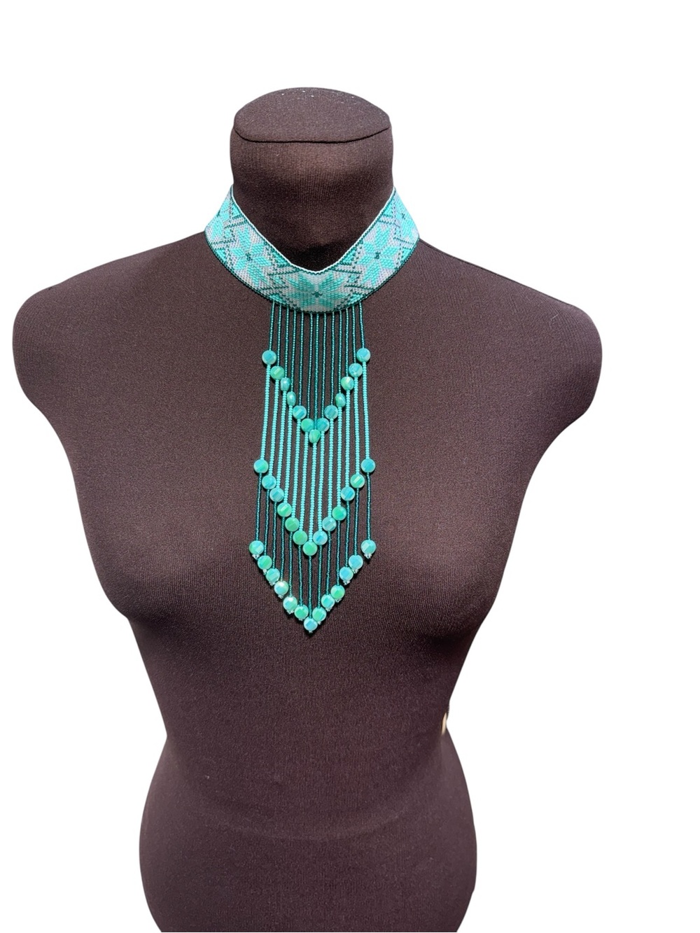 Handmade Beaded Choker Necklace Turquoise Aqua Fringe Boho Statement Jewelry